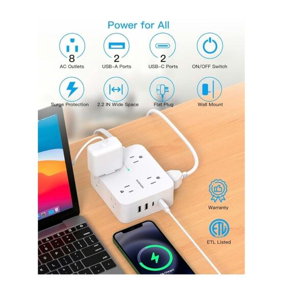 Surge Protector Extension Cord 5 Ft Ultra Thin Flat Plug 8 Outlet 4 USB Ports S1 - Picture 2 of 8
